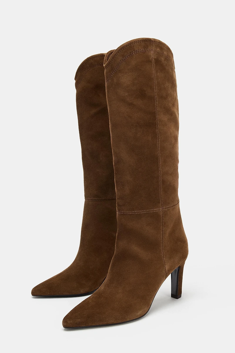 STITCHED SPLIT LEATHER HEELED BOOTS