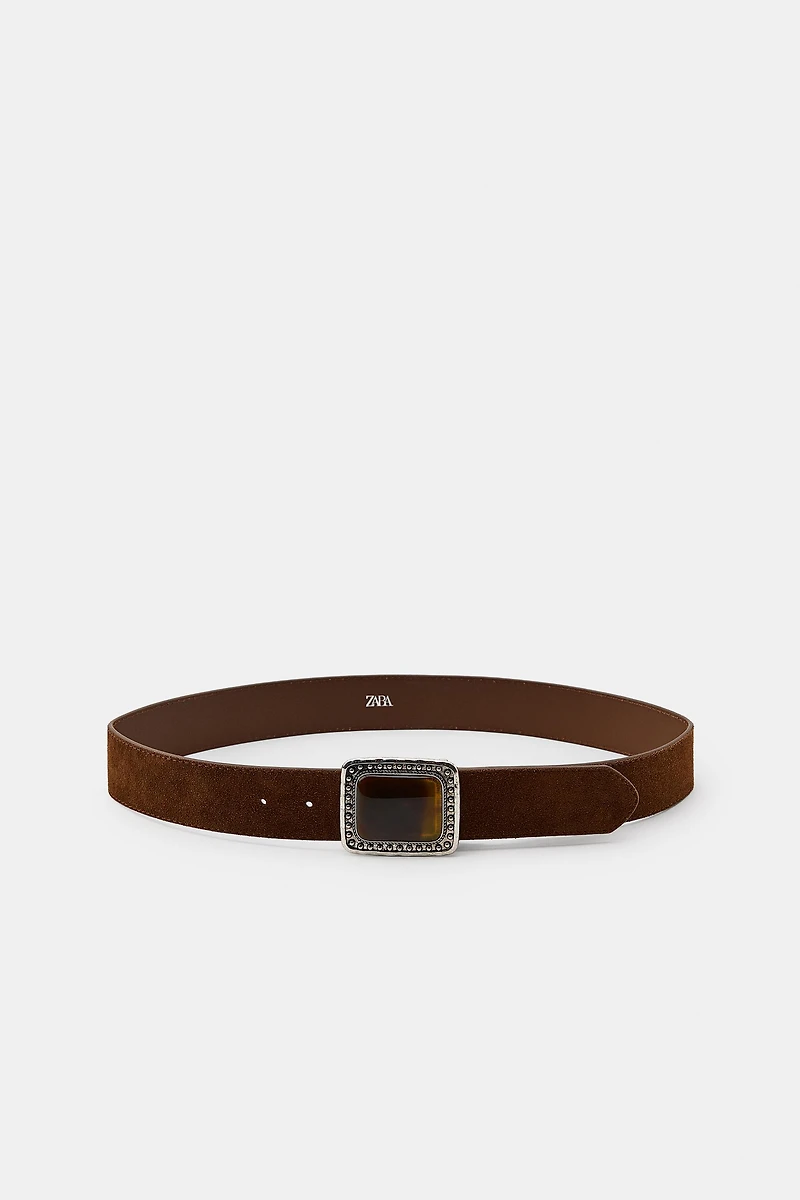 100% SUEDE LEATHER BELT WITH STONE BUCKLE