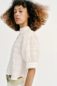 BALLOON SLEEVE LACE TRIM SHIRT