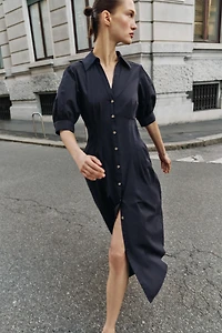 ROBE MI-LONGUE EN POPELINE À MANCHES BOUFFANTES