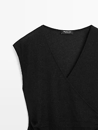 Metallic finish top with surplice neckline