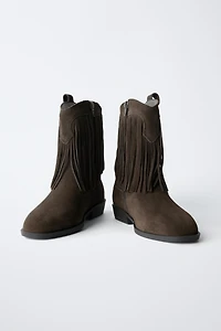 FRINGED LEATHER COWBOY ANKLE BOOTS