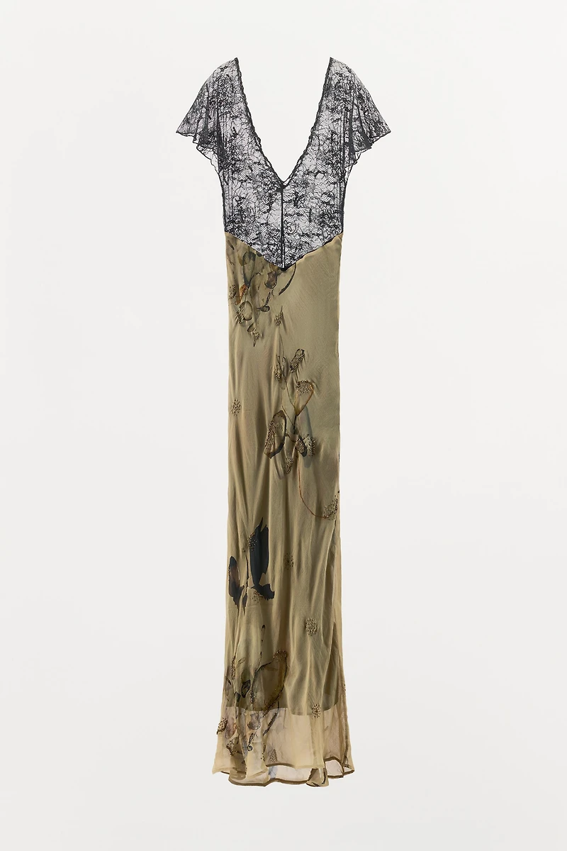 BEADED LACE PRINT DRESS