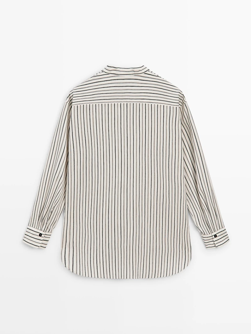 Striped flowing shirt with stand collar
