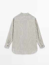 Striped flowing shirt with stand collar