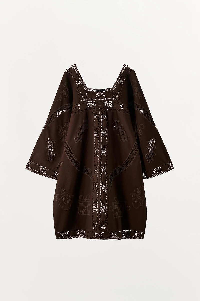 EMBROIDERED EYELET CANVAS DRESS