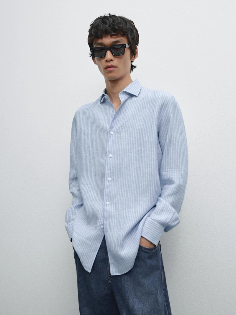 Regular fit striped 100% linen shirt