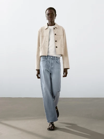 Short suede leather jacket with topstitching