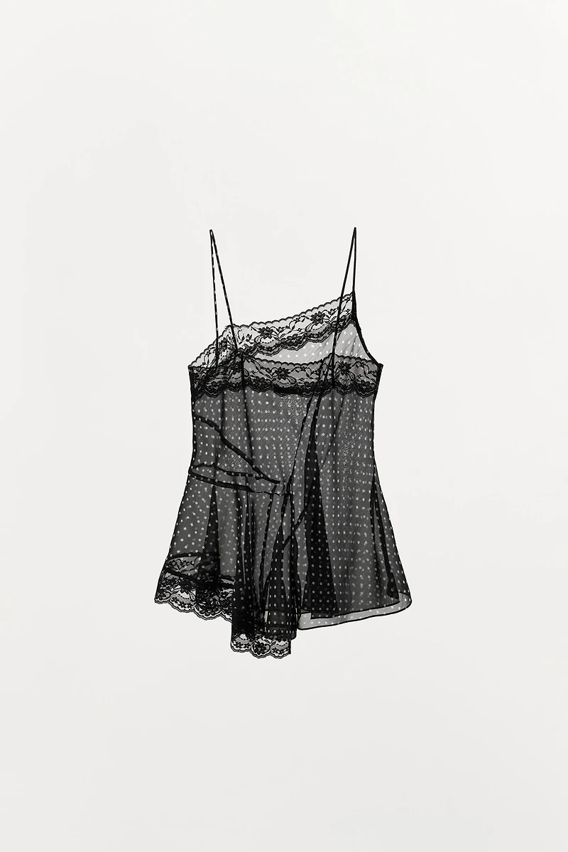 TOP IMPRIMÉ À POIS ET DENTELLE