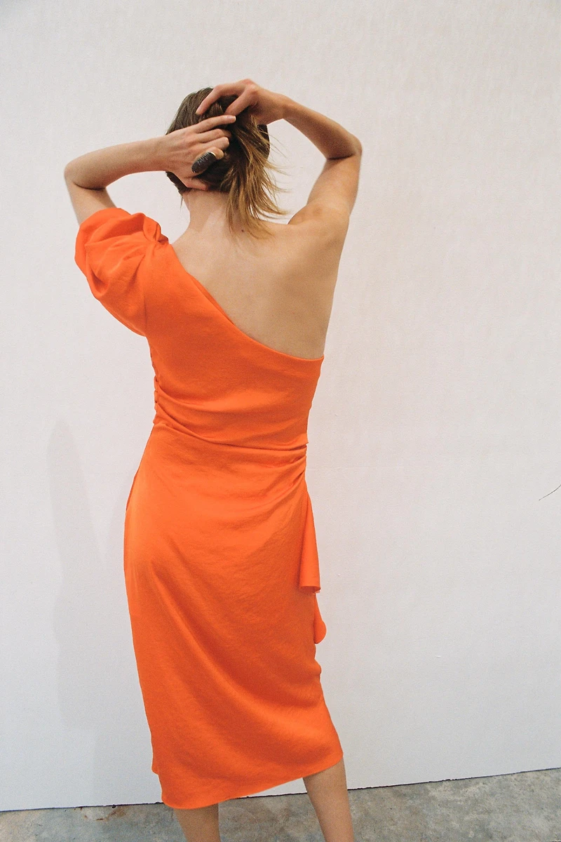 ASYMMETRIC SATIN MIDI DRESS