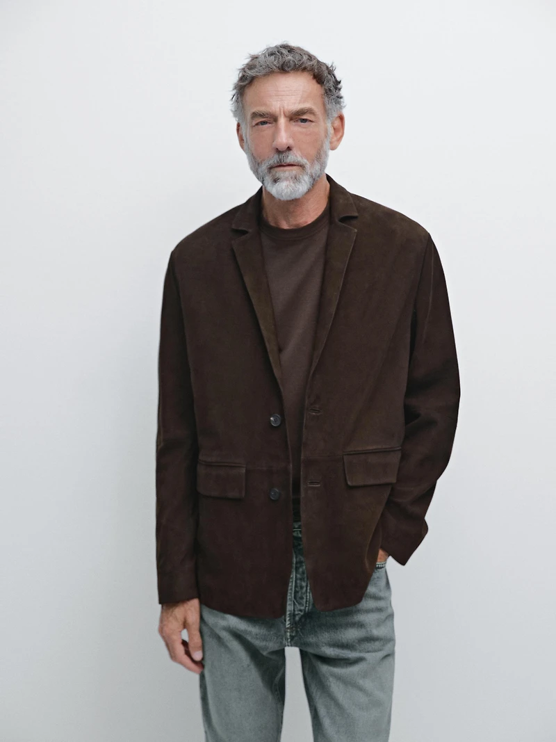 Suede leather blazer with seam details