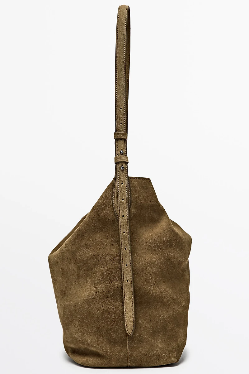 Distressed split suede leather bucket bag