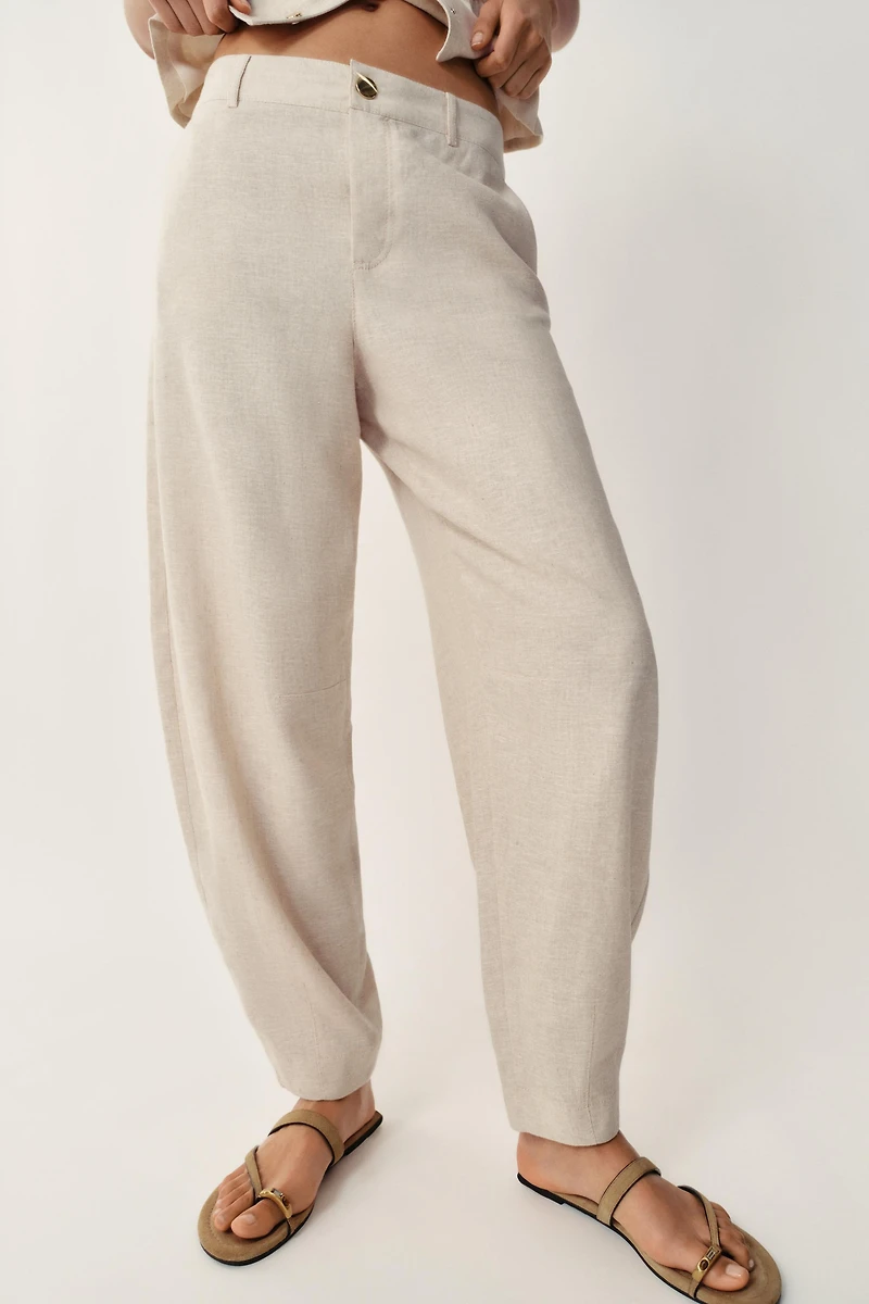 LINEN BLEND BARREL PANTS