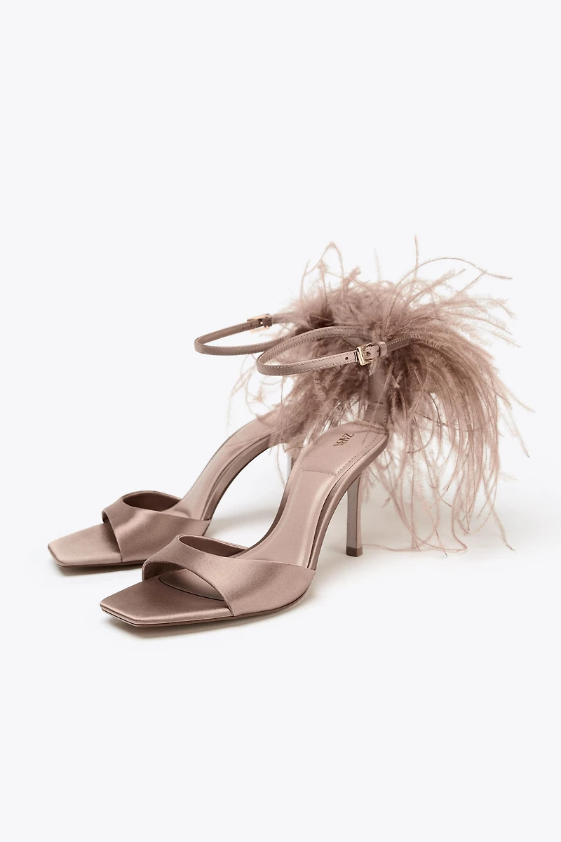 FAUX FEATHER HEELED SANDALS