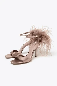 FAUX FEATHER HEELED SANDALS