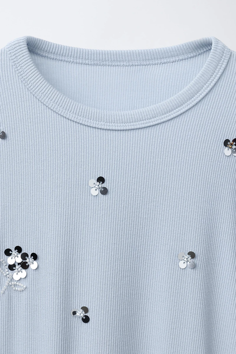 SEQUINED RIBBED T-SHIRT