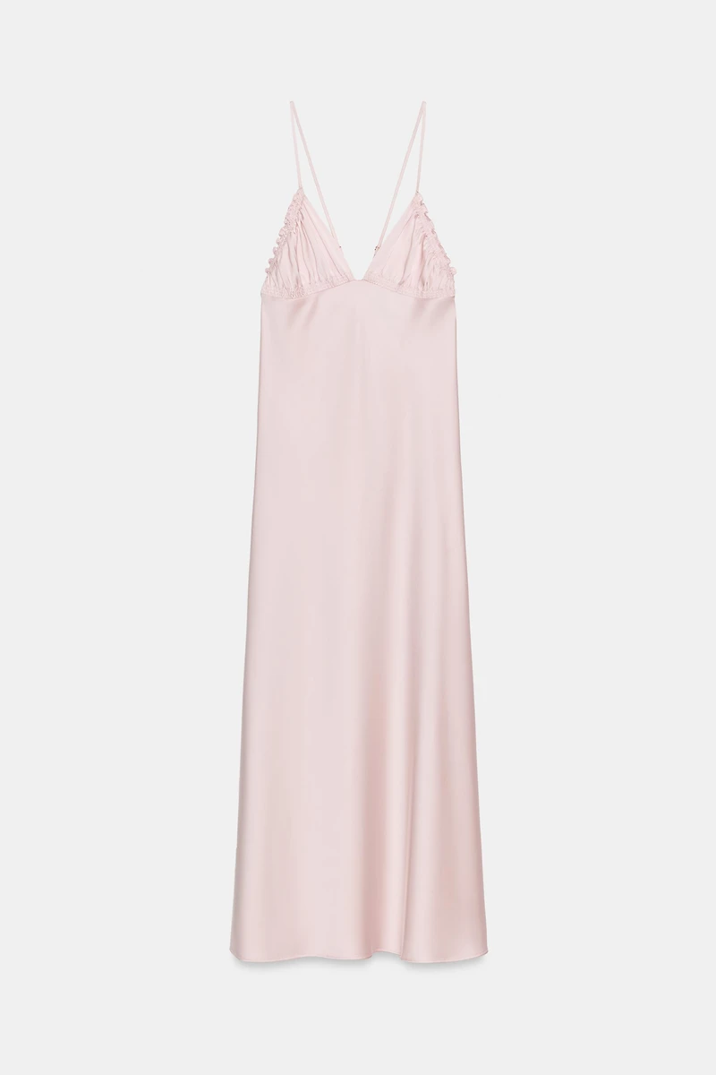 GATHERED SATIN EFFECT MIDI DRESS