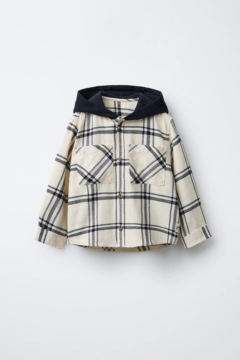 PLAID HOODED FLANNEL SHIRT