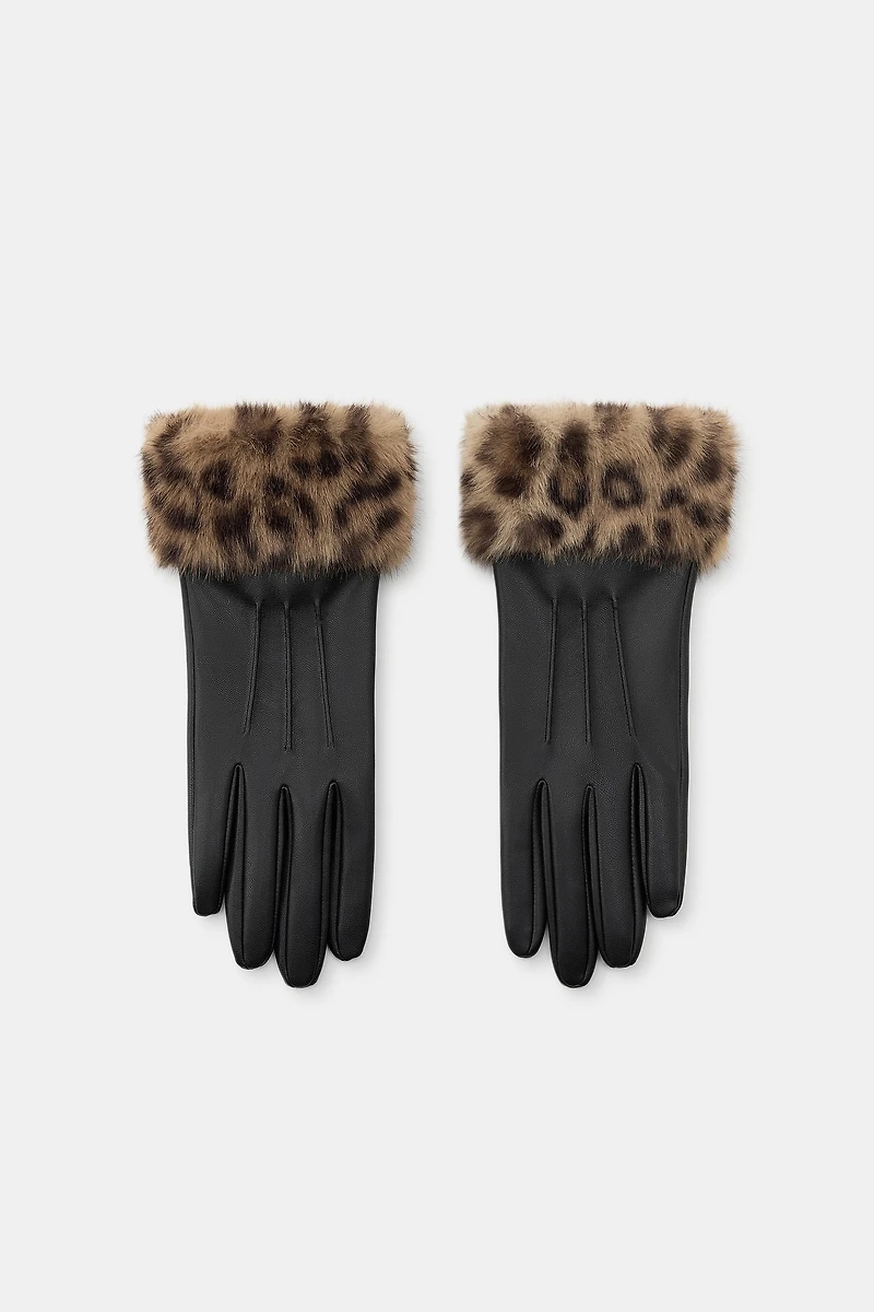 FAUX LEATHER ANIMAL PRINT FUR GLOVES