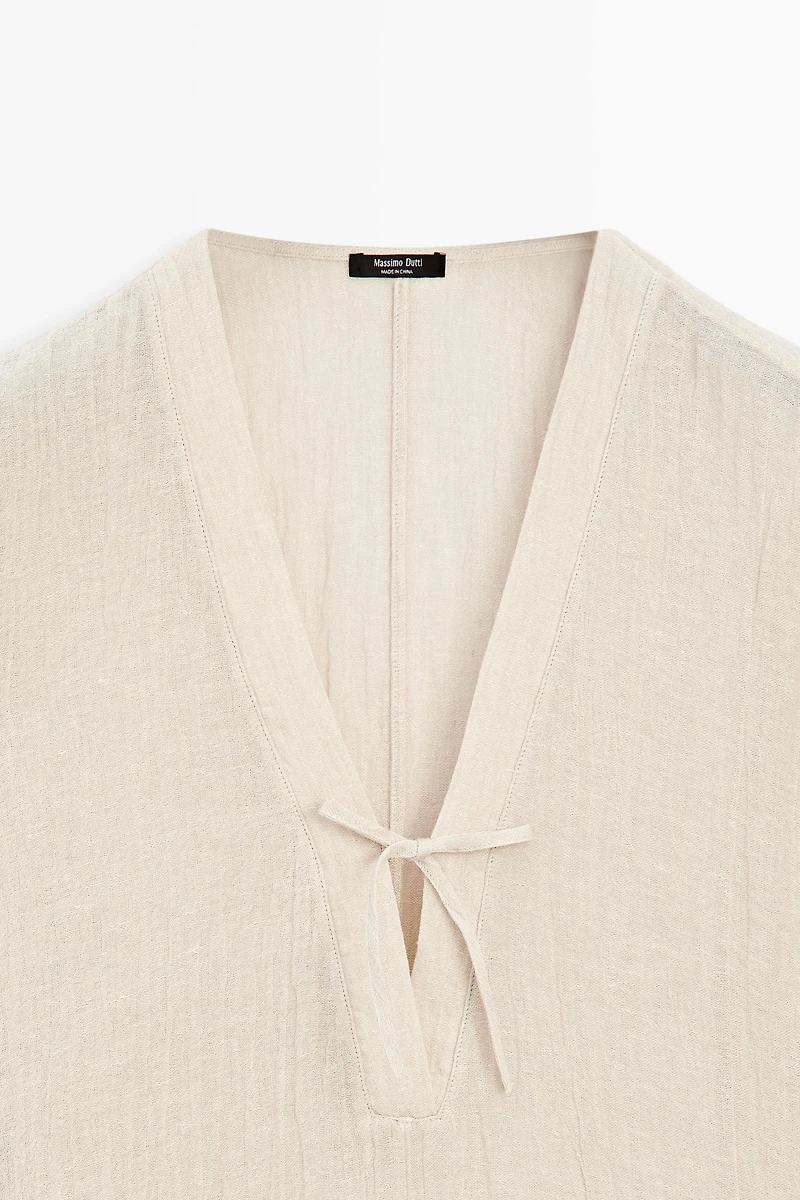 Linen blend kaftan dress with tied neckline