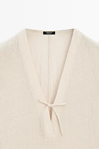 Linen blend kaftan dress with tied neckline