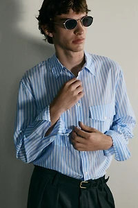 STRIPED FLOWY POCKET SHIRT