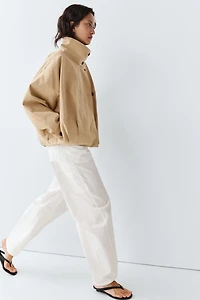 Pleated stand-collar bomber jacket