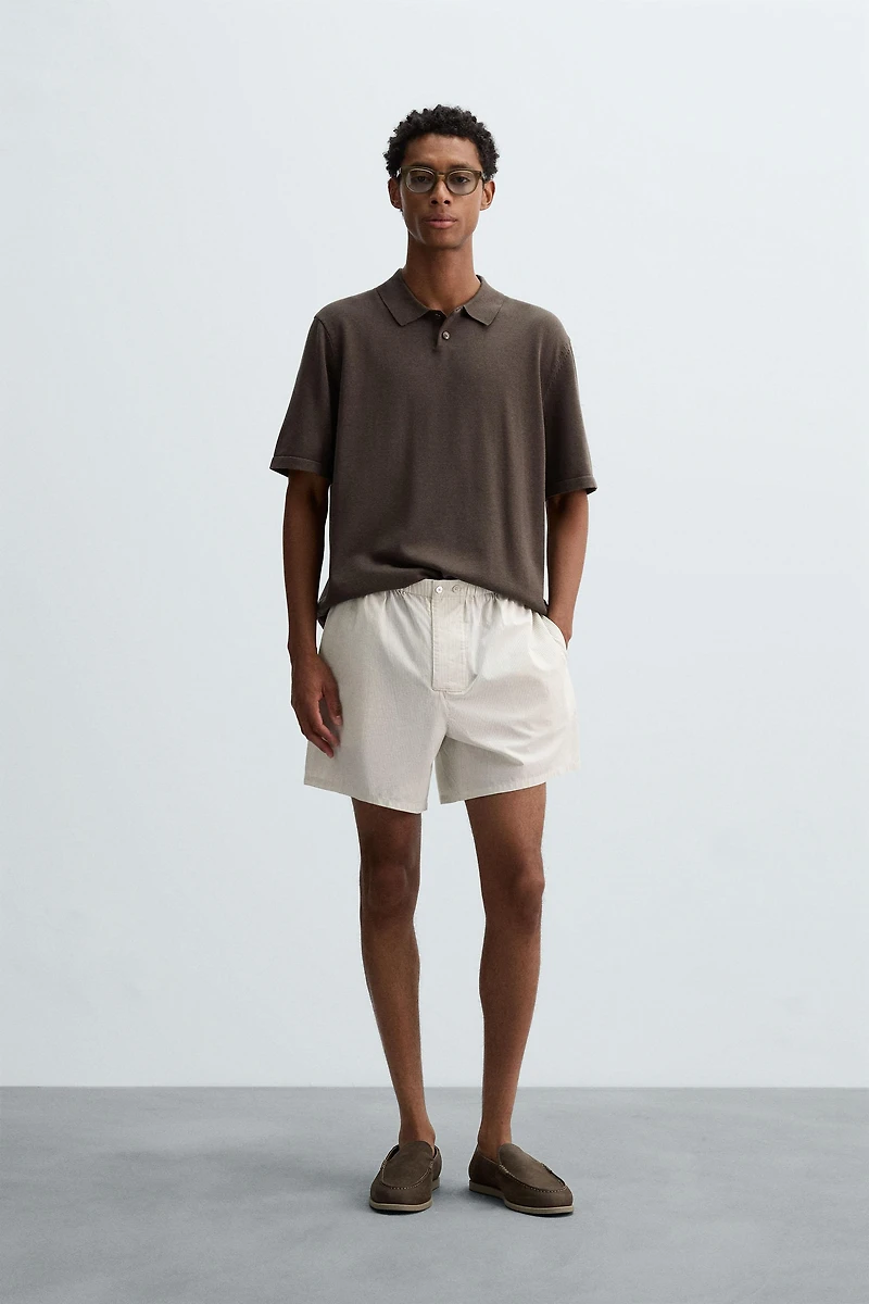 STRIPED COTTON-HEMP BERMUDA SHORTS