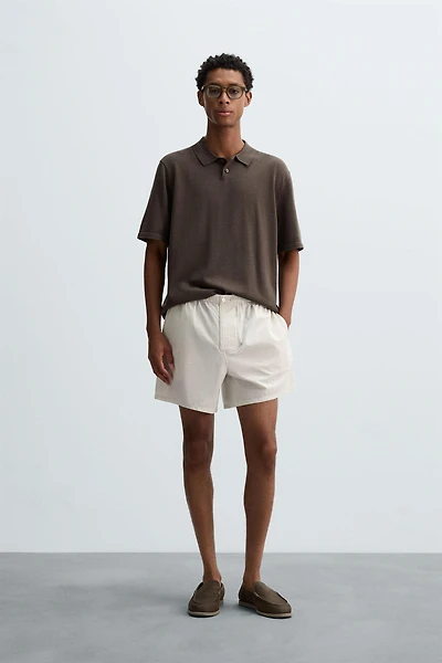 STRIPED COTTON-HEMP BERMUDA SHORTS