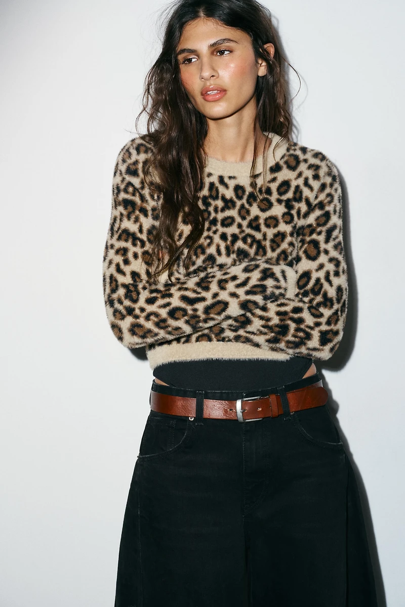 FAUX FUR ANIMAL PRINT KNIT JUMPER