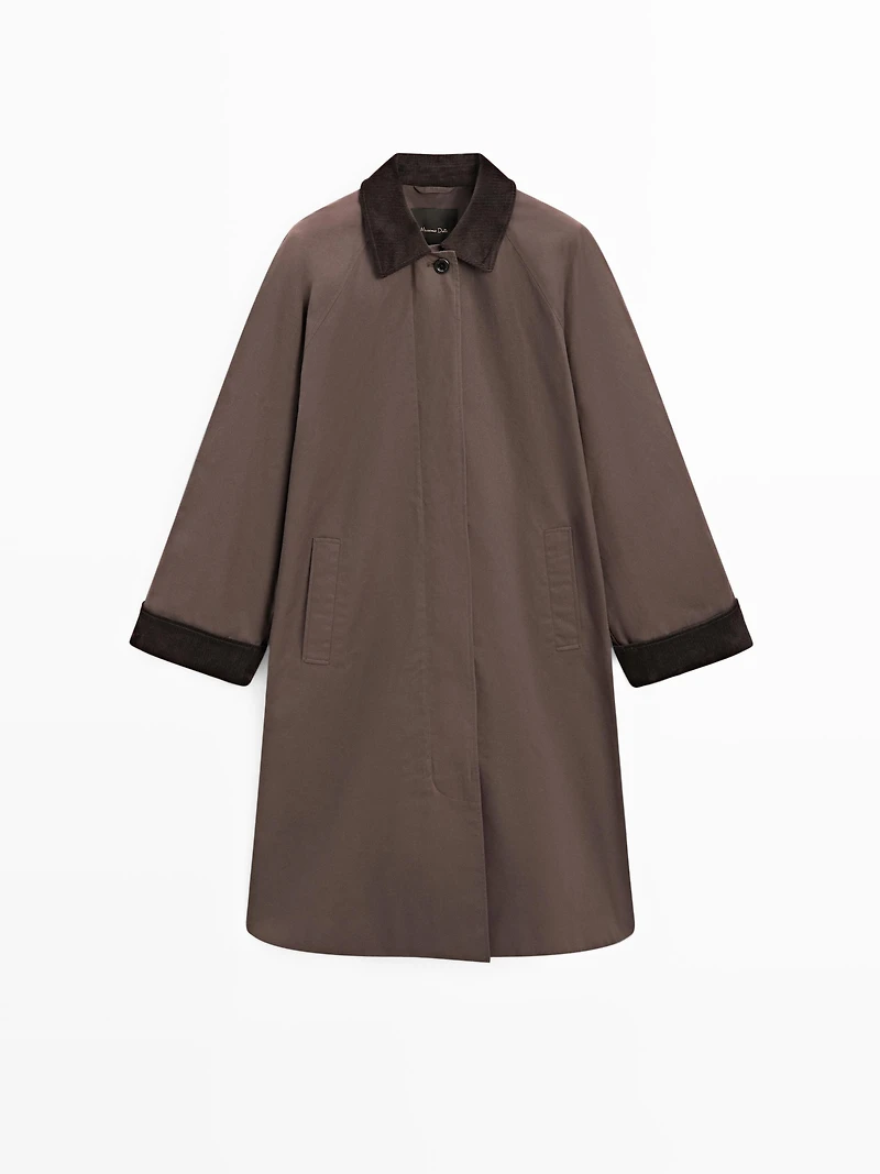 Long waxed parka with corduroy detail