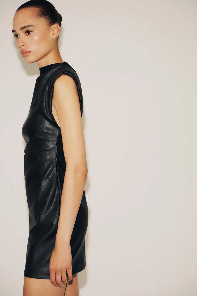 FAUX LEATHER SHORT DRESS WITH SHOULDER PADS