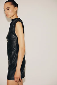 FAUX LEATHER SHORT DRESS WITH SHOULDER PADS