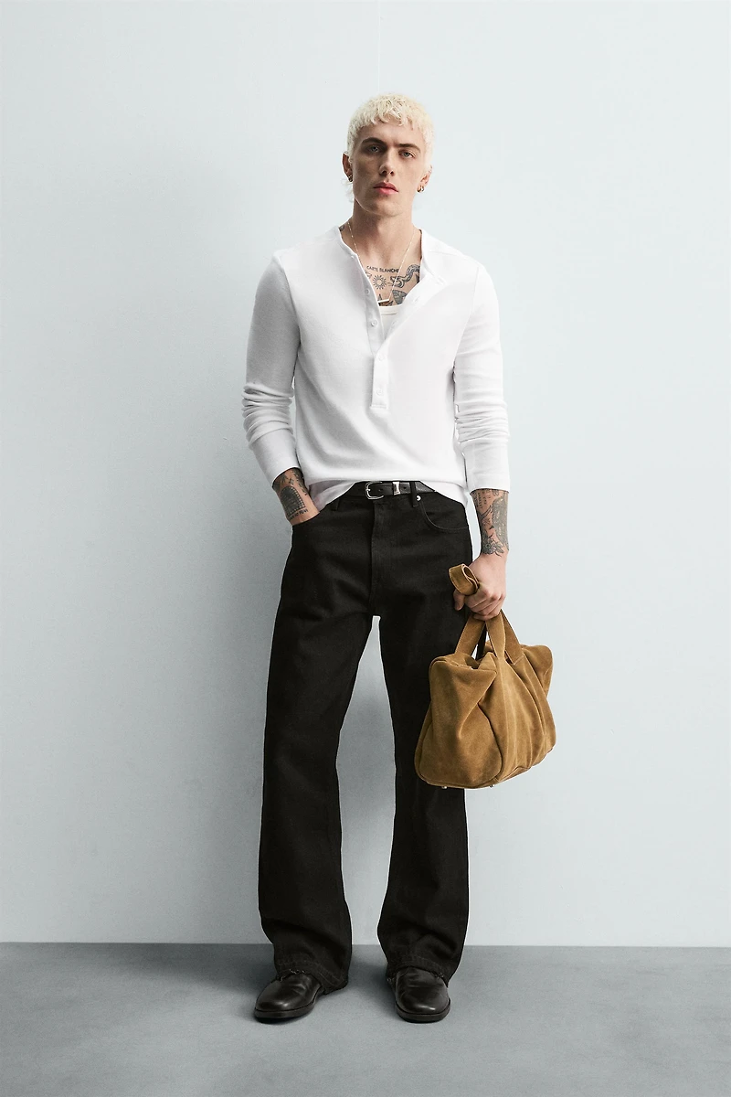 RIBBED SHIRT WITH BUTTON NECK