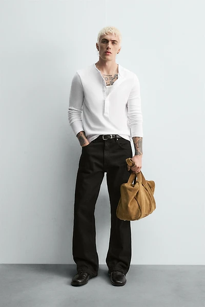 RIBBED SHIRT WITH BUTTON NECK