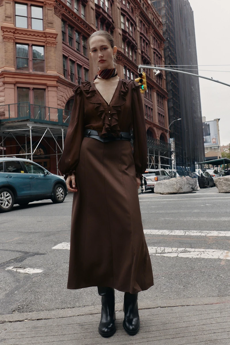 COMBINATION BELTED MIDI DRESS