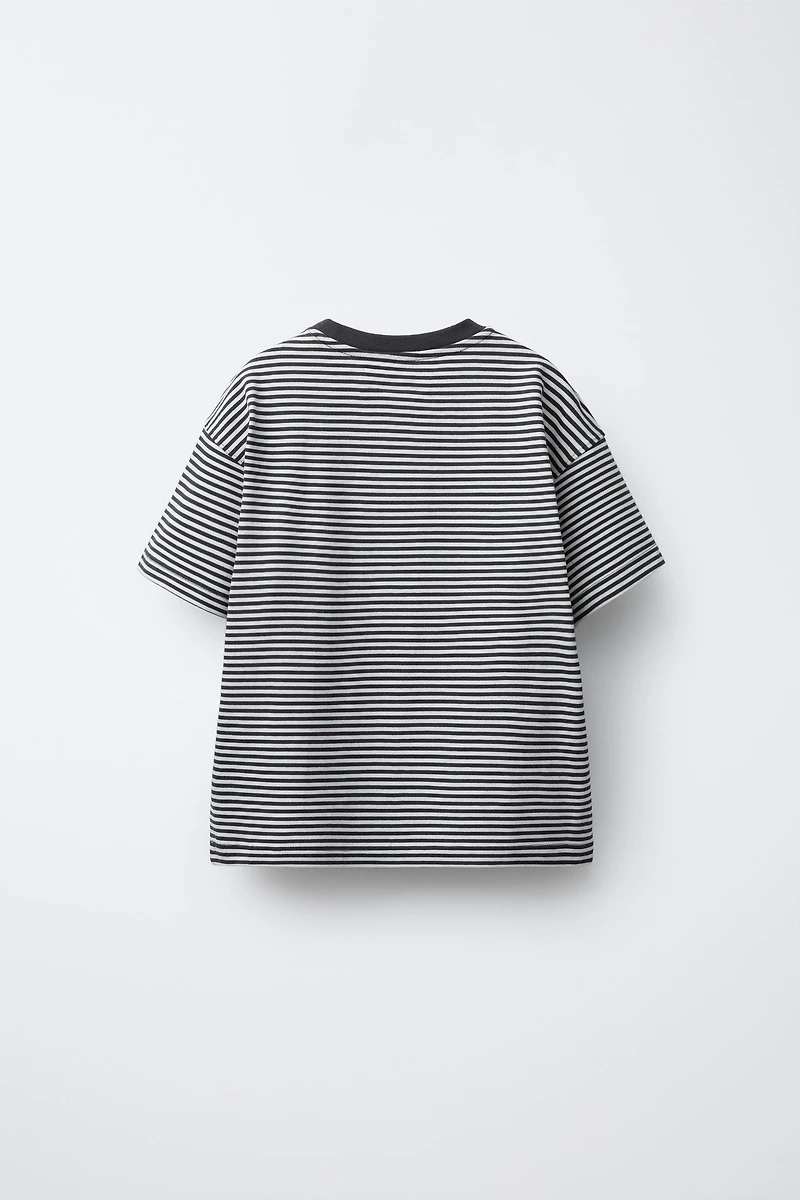EMBROIDERED TEXT STRIPED HEAVY WEIGHT T-SHIRT