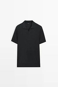 Short sleeve wool blend knit polo shirt