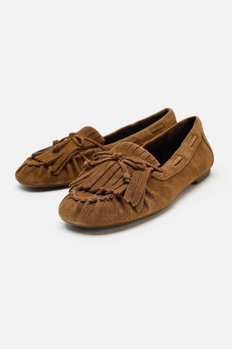FRINGED SPLIT SUEDE LOAFERS