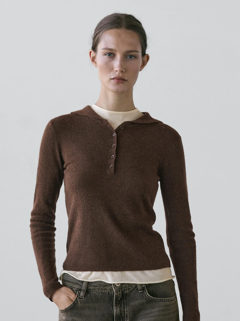 Pull polo en maille chinée à col fantaisie
