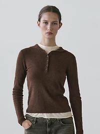 Pull polo en maille chinée à col fantaisie