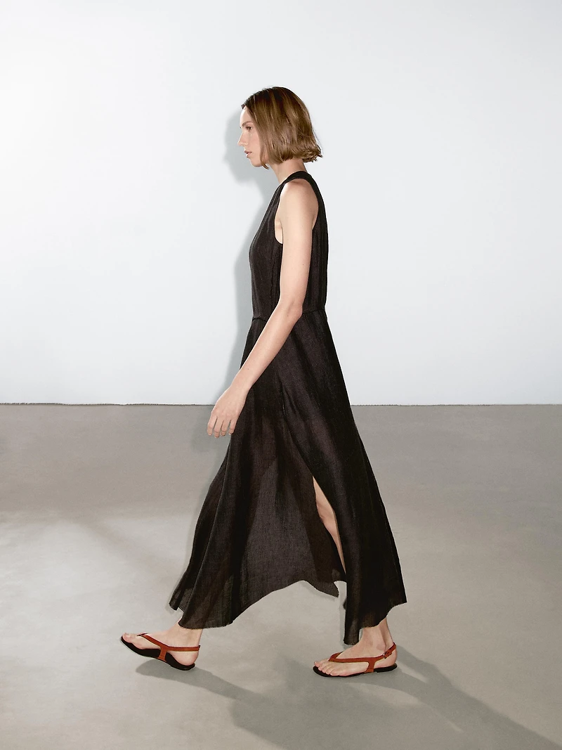100% linen midi dress with frayed trims