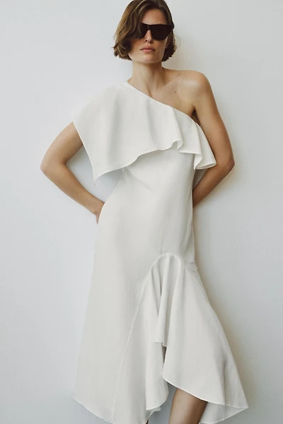 ASYMMETRIC RUFFLED LINEN BLEND DRESS ZW COLLECTION