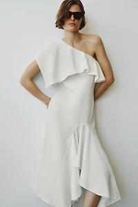 ASYMMETRIC RUFFLED LINEN BLEND DRESS ZW COLLECTION