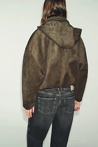 OVERSIZED FAUX SUEDE HOODED BOMBER JACKET
