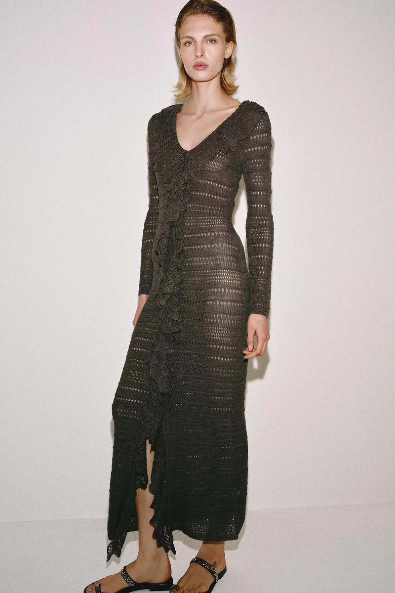 POINTELLE KNIT RUFFLED DRESS