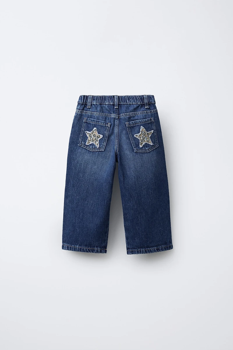 STRAIGHT JEANS WITH STAR ANIMAL PRINT PATCHES