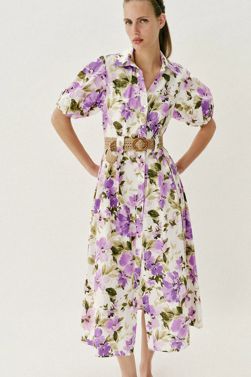 FLORAL PRINT BELTED MIDI DRESS