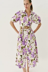 FLORAL PRINT BELTED MIDI DRESS