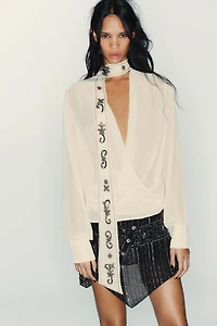 BEADED GEORGETTE SCARF SHIRT